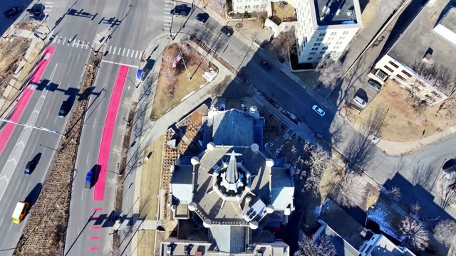 Aerial footage of a downtown intersection with historic architecture.