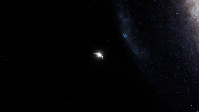 Spacecraft voyage across the galaxy against starry cosmic backdrop.