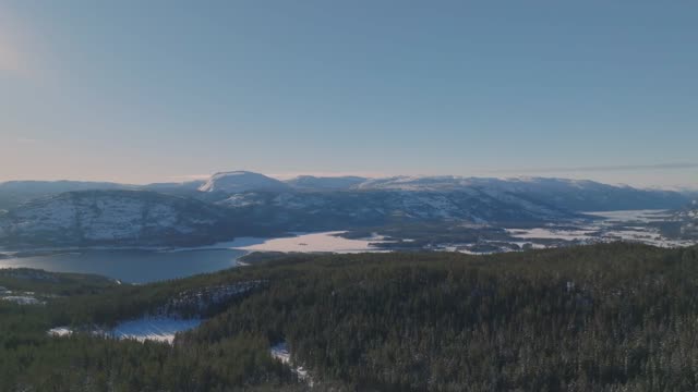 Experience breathtaking views of snowy Norwegian fjords and forests with a brilliant blue sky.