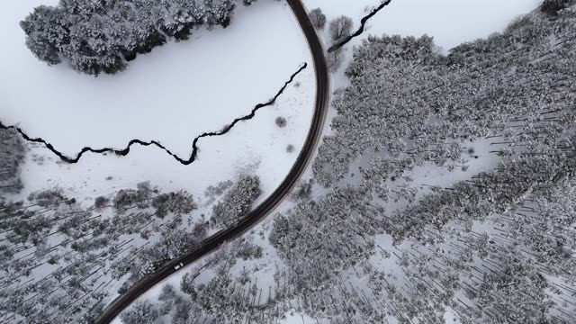 Drone video capturing a winding road through a snowy winter forest.