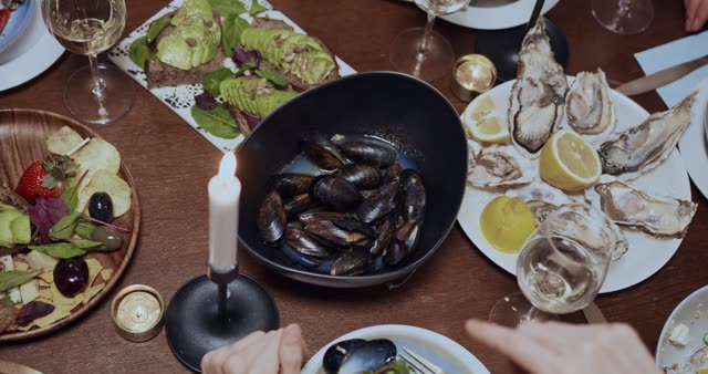 A stylish seafood dining scene featuring fresh oysters, mussels, and gourmet avocado toast with wine.