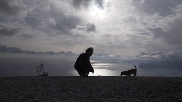 A man and dog silhouetted against a dramatic coastal sunset.