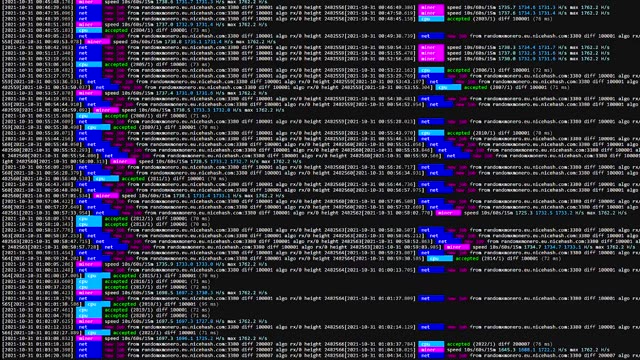 Dynamic visual presentation of colorful code scrolling on a computer terminal screen.