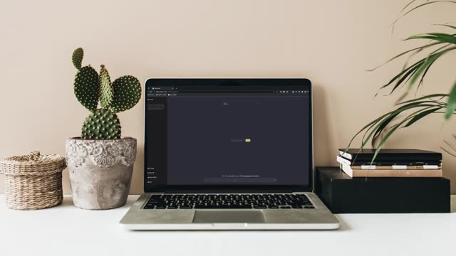 A modern workspace with laptop, plants, and minimal decor.